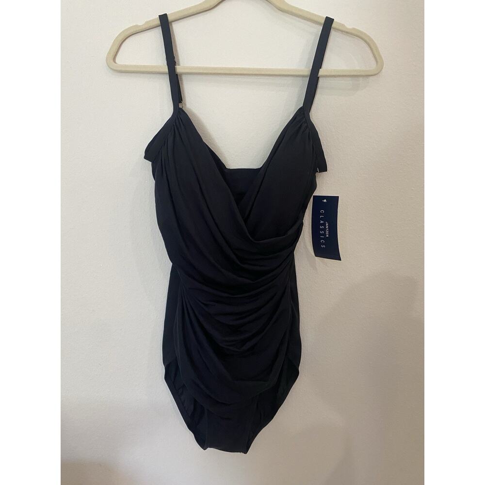 Jantzen Size 12 Surplice Draped One Piece Swimsuit Black Tummy Control NWT $92
